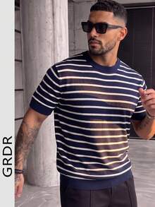 GRDR 1件男士夏季至初秋圆领针织条纹短袖衬衫，休闲户外服装 - 藏蓝色 - 查看 3