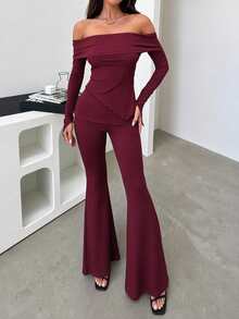 Women's Burgundy Asymmetric Hem Off-Shoulder Long Sleeve Top And Pants 2 Pieces Set, Elegant Casual Date Night Outfit, Christmas New Year Autumn/Winter Red Outfit, Vintage Style - Burgundy - View 7