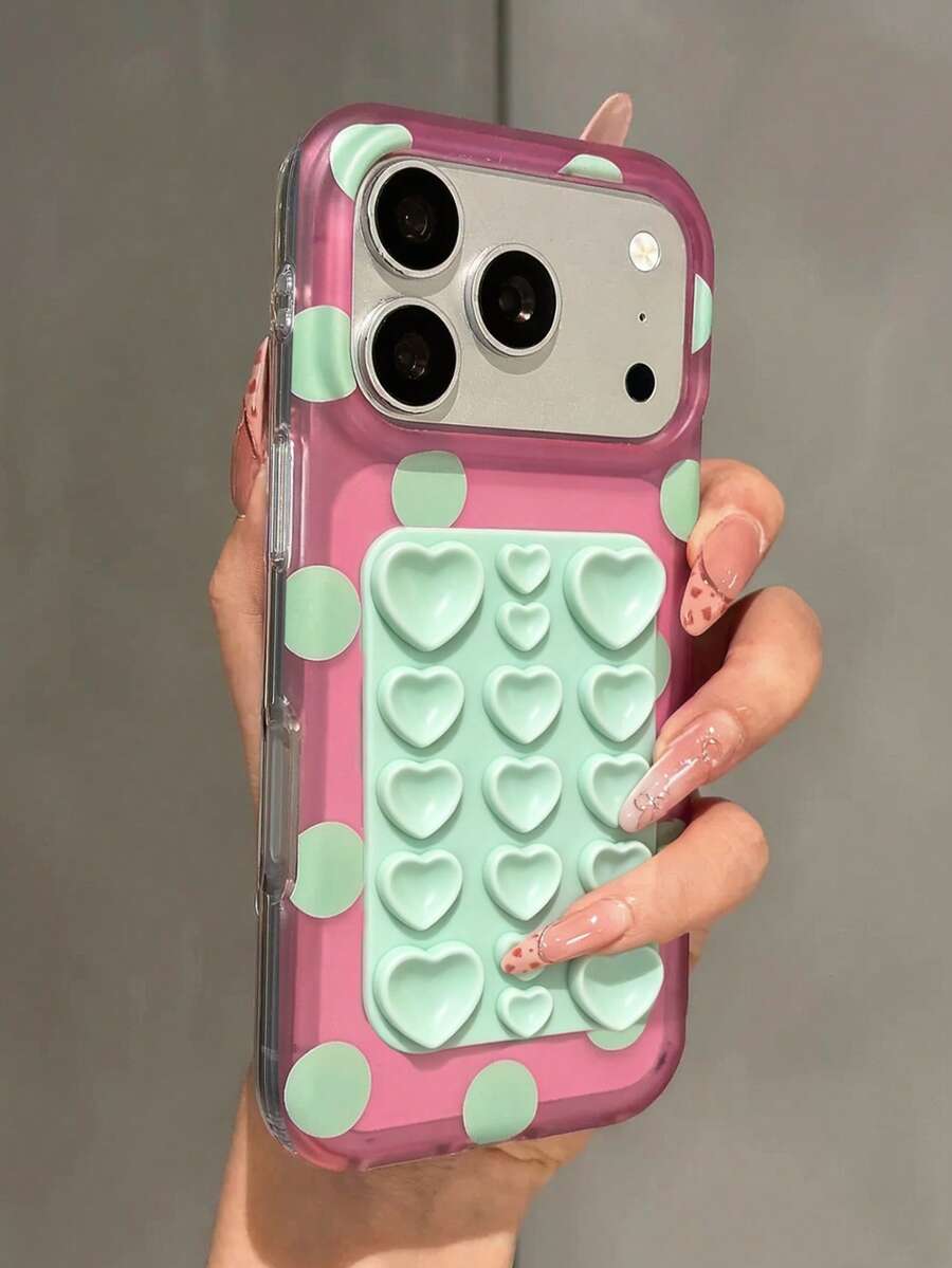 Simple Candy Color Polka Dot Heart Suction Cup Sticker Phone Case Compatible With IPhone 18 Pro Max 18 Pro 17 Pro Max 17 Pro 17 16 Pro Max 16 Pro 16 15 Pro Max 15 Pro 14 Pro Max 14 Pro 13 Minimalist Matte Translucent Shockproof Protective Cover