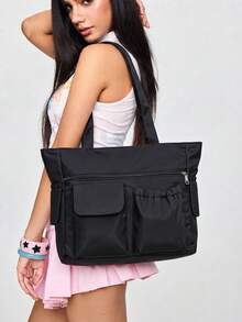 Women's Fashion Versatile Solid Color Nylon Tote Bag, Large Capacity Multi-Pocket Handbag, Suitable For School, Commuting And Daily Use - Black - View 4
