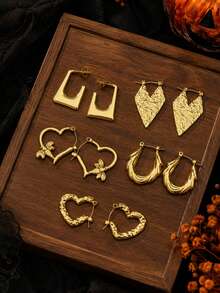 6 Pairs Gold Stainless Steel Earrings Set For Women, Heart Bee Geometric Hoop Statement Earrings, Vintage Boho Jewelry For Daily Wear Party Gift - Gold - View 7
