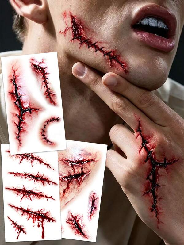 3 Peças Adesivos de Tatuagem Temporária de Cicatriz de Zumbi de Halloween, Cicatrizes de Ferida Costurada Falsa Sangrenta, Tatuagens Falsas Impermeáveis e Duradouras, Perfeito para Festas de Maquiagem, Pegadinhas e Mais