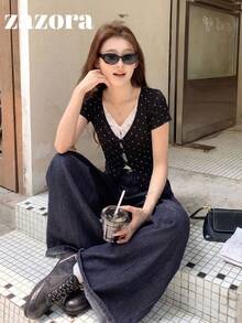 黑色波點 2 合 1 蕾絲方領短袖 T 恤女款夏季韓風修身設計上衣休閒夏裝 - 黑色 - 查看 6