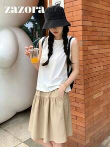 Japanese Casual Sporty Style Elastic Waist A-Line Mini Skirt For Women, Versatile Everyday Commute Simple Skirt - Khaki - View 3