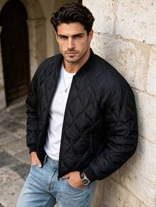 Men's Diamond Quilted Aviator Jacket, Ribbed Baseball Collar Zip-Up Lightweight Padded Outerwear, Casual Long Sleeve Jacket Suitable For Autumn/Winter Daily Wear - Black - View 3