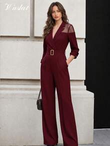 Ladies' Fall Commuting Professional Style Slim Fit Fashionable Jumpsuit, V-Neck Mesh Splicing, Belt Design. Suitable For Returning To School - Burgundy - View 1