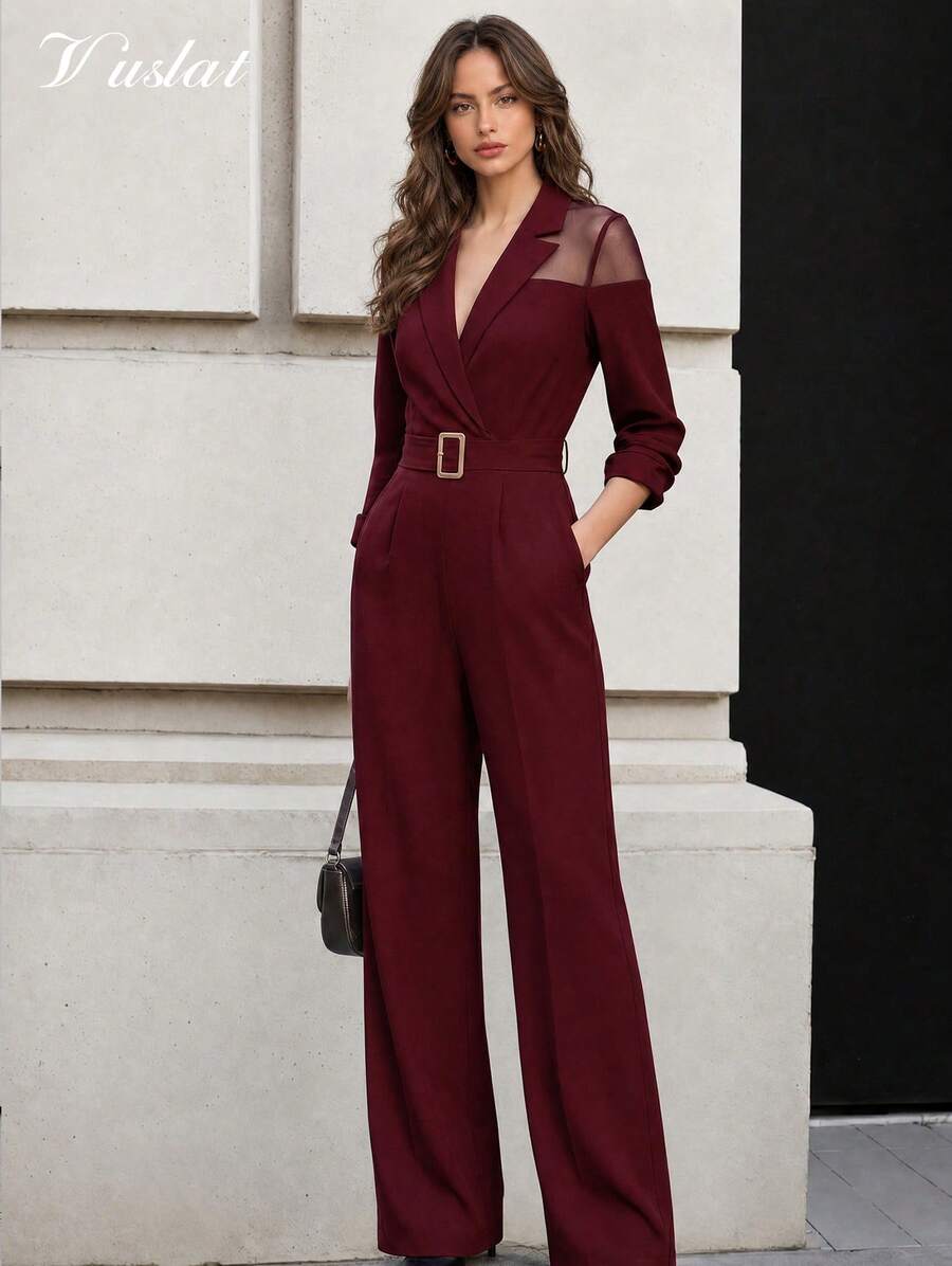 Ladies' Fall Commuting Professional Style Slim Fit Fashionable Jumpsuit, V-Neck Mesh Splicing, Belt Design. Suitable For Returning To School - Burgundy - View 1