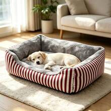 Striped Pet Bed, Rectangular Soft Plush Cat & Dog Bed - Red - View 2
