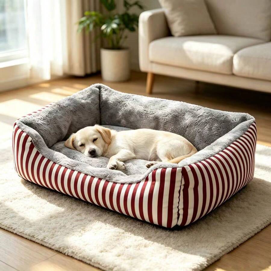 Striped Pet Bed, Rectangular Soft Plush Cat & Dog Bed - Red - View 1