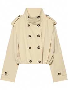 Fashionable Double-Breasted Top, High Neck Jacket Style Casual Front Button Jacket, Suitable For Autumn/Winter Wear - Khaki - View 7