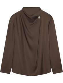 Atasan Wanita Elegan dengan Bahu Asimetris dan Leher Tinggi, Blus Drape Warna Polos yang Modis - Coklat - View 5