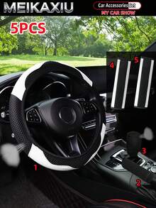 MEIKAXIU 5pcs Breathable PU Leather Diamond Mesh Steering Wheel Cover, Handbrake Cover, Gear Shift Cover, Suitable For 14.5-15 Inch Car Interior Decoration - PU Leather Mesh Style - View 16
