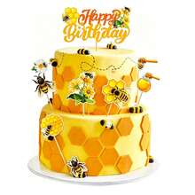 7pcs Bee & Daisy Happy Birthday Cake Toppers, DIY Bee Cupcake Decorations, Suitable For Bee Theme Birthday Party, Baptism Party, Gender Reveal Party And Anniversary Party Cake Decoration - Multicolor - View 3