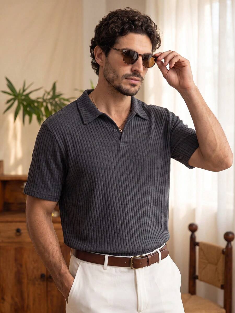 glestore Men's Retro-Style "Old Money" Collared Ribbed Polo Shirt, Perfect For Vacations, Commuting, And Everyday Wear - Grey - View 1