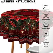 Christmas Poinsettia Round Tablecloth, Red Floral Holiday Polyester Table Cover With Holly Berry Wreath Print For Xmas Dinner, Family Gathering, Winter Party And Festive Home Decor - A - View 6