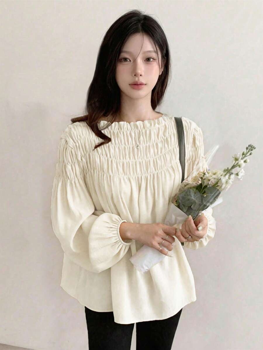 韩式时尚甜美独特优雅雪纺上衣,泡泡袖,圆领,单肩荷叶边设计,适合秋冬季穿着 - 杏色 - 查看 1