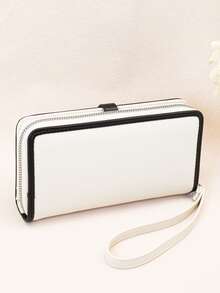 Women's Mini Handheld Phone Wallet, Exquisite Snap Closure, Colorblock Patchwork, Soft PU Long Wallet, Multi-Functional Large Capacity ID Card Holder, Zipper Coin Purse, Lightweight And Fashionable - Black and White - View 5