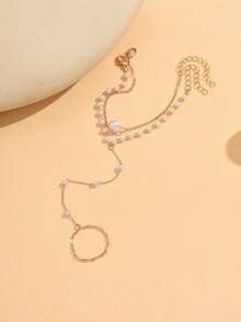 rundraw 2pcs/Set Gold Linked Finger Chain & Handmade Faux Pearl Bracelet, Elegant Jewelry Gift For Women, Daily Wear. - Multicolor - View 4