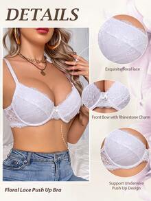 Women Floral Lace Push Up Bra For Small Bust, Comfort Breathable Underwire Bra, Adjustable Thin Straps Elegant Lingerie For Daily Wear - White - View 3