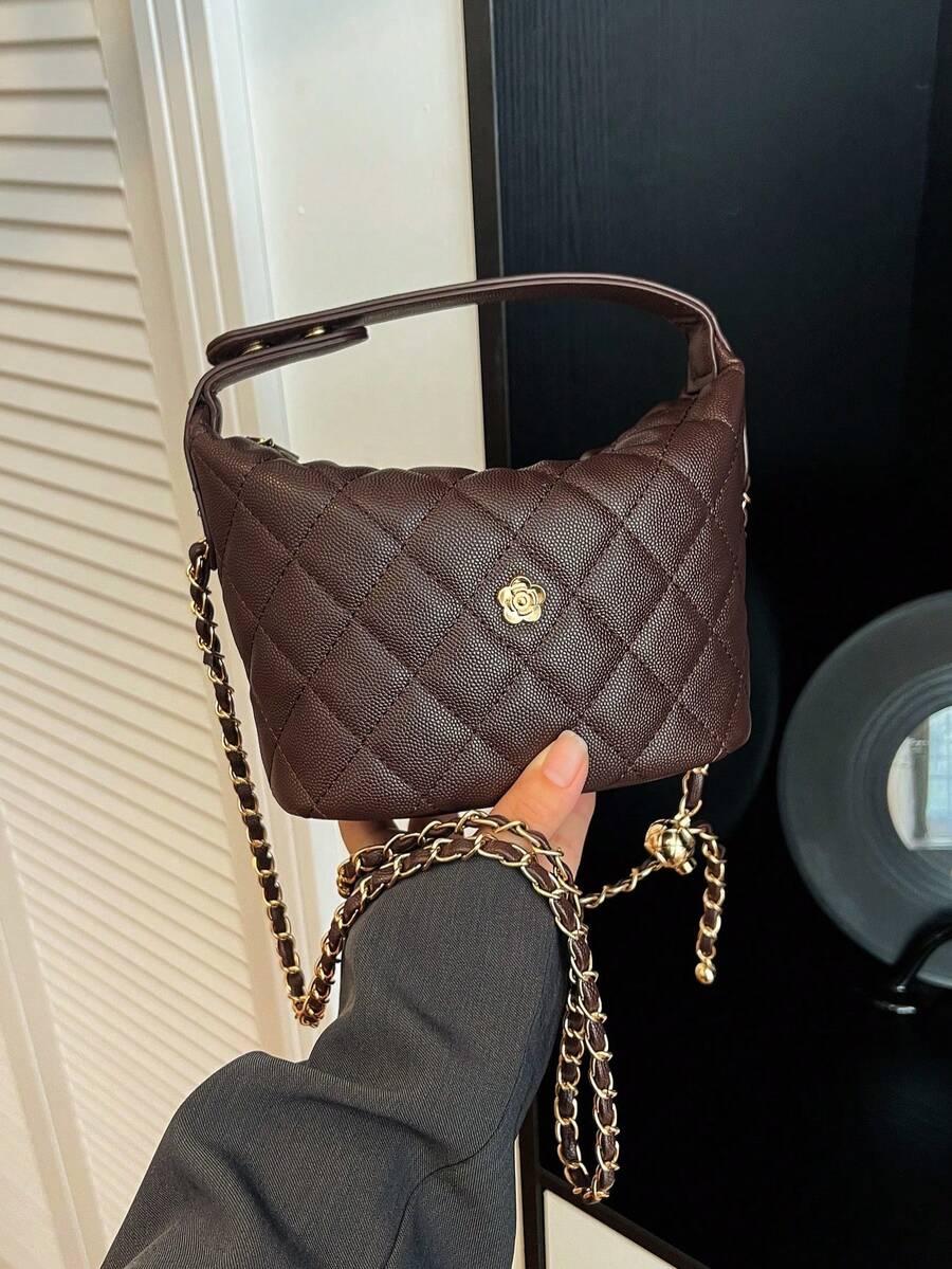 1pc Classic Diamond Quilted Mini Bucket Purse, Camellia Metal Embellishment, Adjustable Leather Woven Chain Strap Women Shoulder Crossbody Bag - Multicolor - View 1