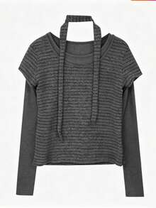 Korean Vintage Patchwork Striped 2 In 1 Long Sleeve Turtleneck Top For Women, Knitted Base Layer Autumn Innerwear - Dark Grey - View 10