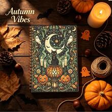 1pc 14*21cm Spiral Notebook, Vintage Witchy Halloween Design For School, Home, Office, Note Taking, Journaling, Daily Planner, Black Cat Crescent Moon Ghost Pumpkin Bat Candle Pattern - Multicolor - View 4