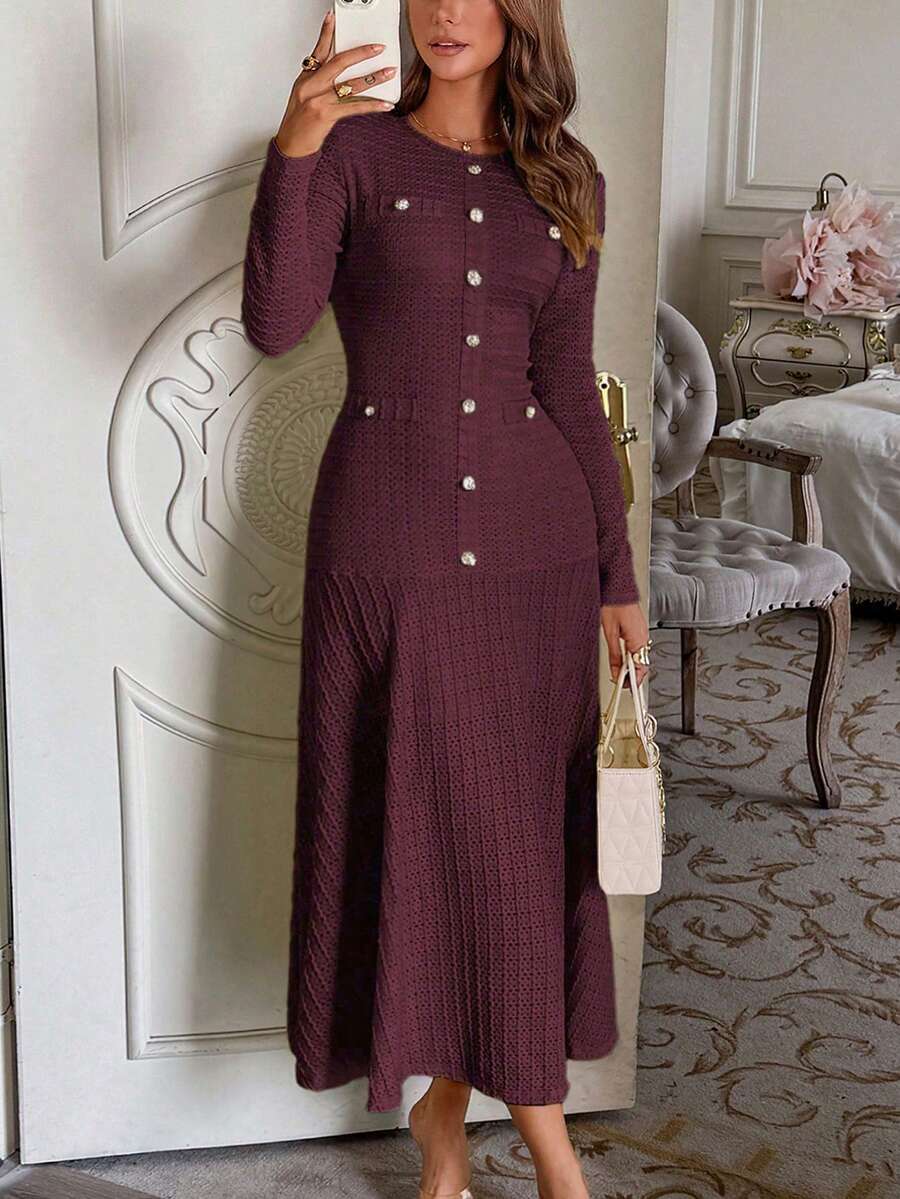 Unadoll Women's Autumn Burgundy Tweed Mid-Length Dress, Long Sleeve Front Button Fishtail Knit Skirt, Elegant Summer Style - Burgundy - View 1