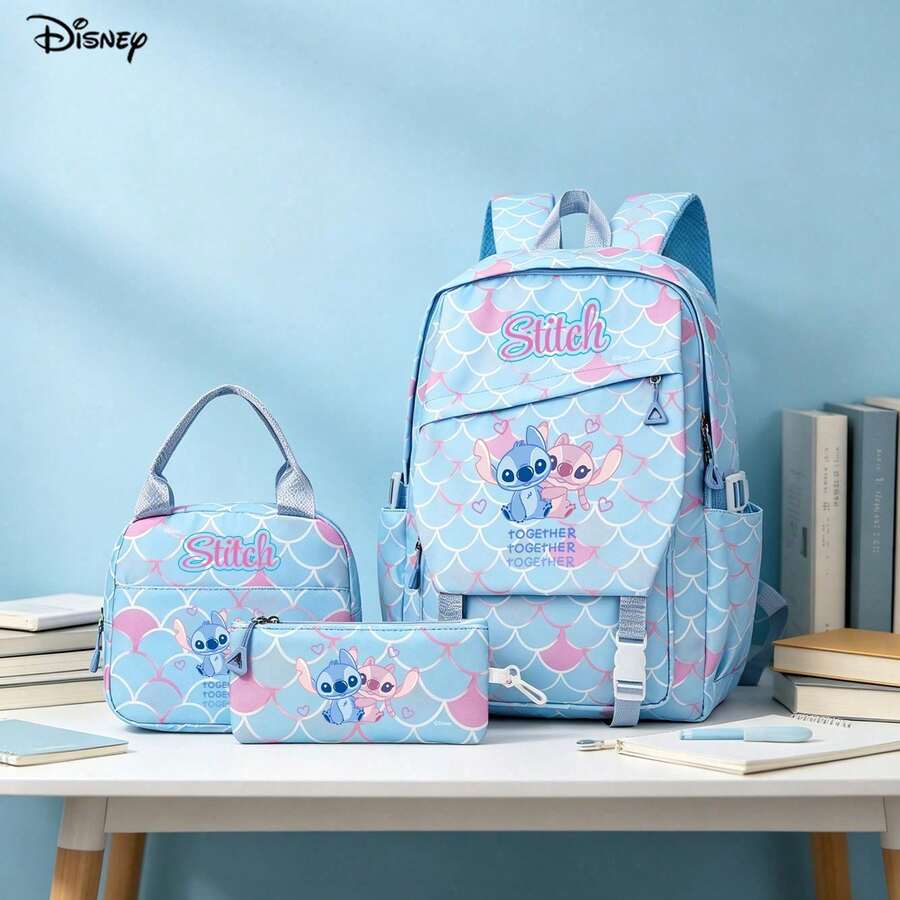 Miniso Disney Stitch And Angel Cartoon Cute Design Blue And Pink Print Backpack 3-Piece Set, Includes Insulated Bag And Pencil Case, Multi-Functional Backpack For Daily Organization, Work And Study - Color 1 - View 1