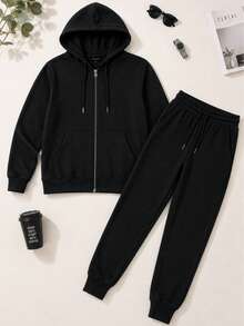 Men Hoodie Co-Ords - Black - View 3