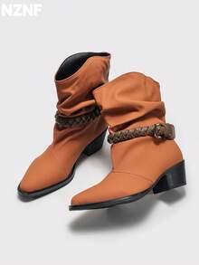 NZNF 1 Pair Contrast Color Western Style Buckle Thick Sole Slip-On Women's Retro Knight Boots Matte Chunky Heel Mid-Calf Boots Outdoor - Burnt Orange - View 7