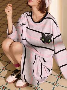 Gongdie Universal Women Toothless Nightgown,Spring Fall Gray Contrast Striped Soft Cotton Loungewear With Pocket - Grey - View 5