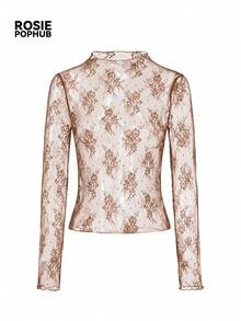 ROSIE POPHUB Women's Light Brown Sheer Lace Blouse, Elegant For Parties And Holidays, Fitted Silhouette, Layered Design, New Summer/Winter Collection - Brown - View 9