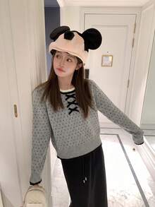 Korean Style Polka Dot Lace Bow Sweater Women Autumn/Winter Lazy Design Versatile Casual Top - Grey - View 1