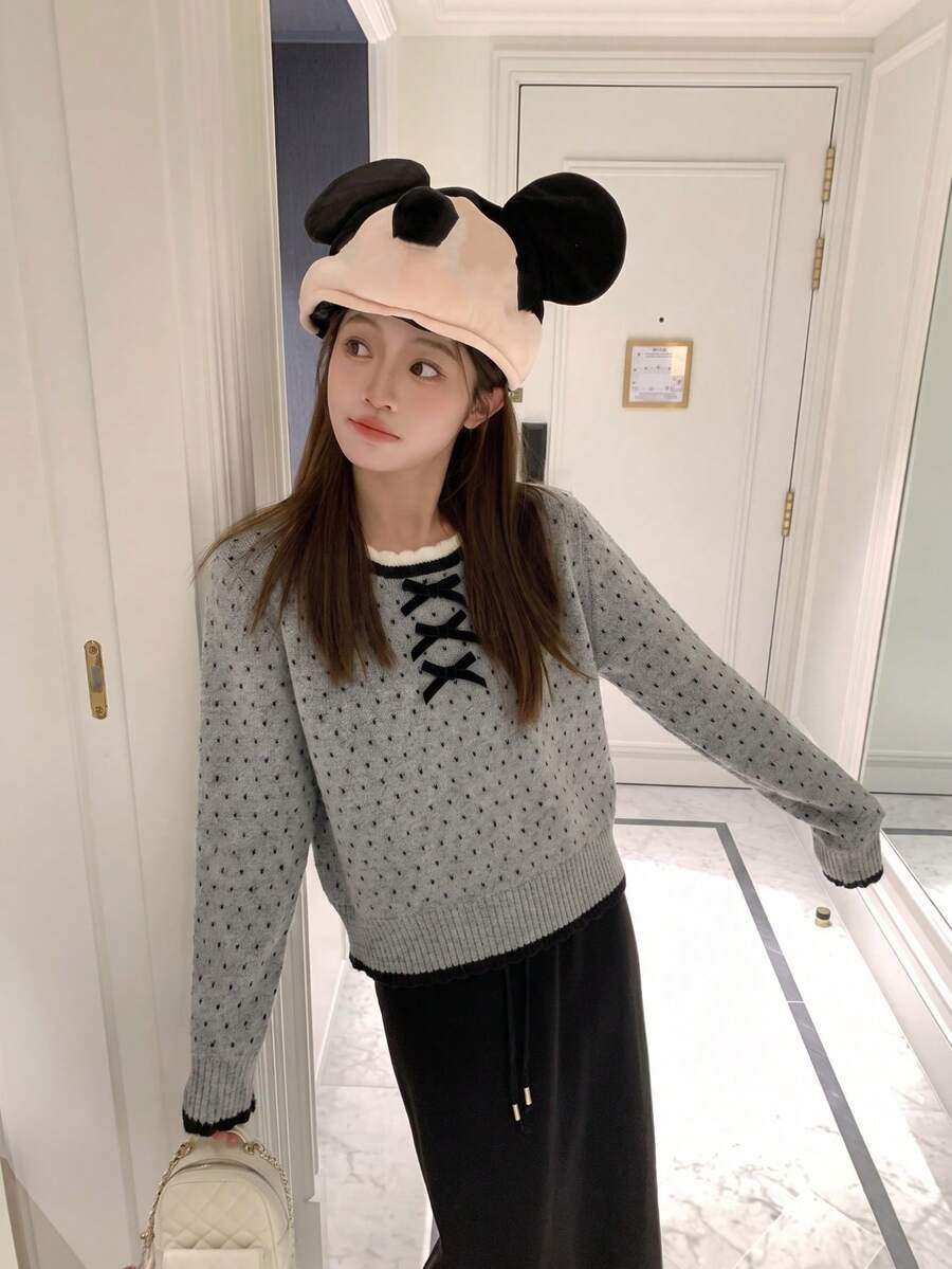 Korean Style Polka Dot Lace Bow Sweater Women Autumn/Winter Lazy Design Versatile Casual Top - Grey - View 1