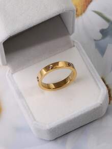 1pc Stainless Steel 18K Gold Plated Polished Dot Rhinestone Ring, Minimalist Style Suitable For Commute Formal Wear, Daily Casual Outfit Accessory - Polished Polka Dot Rhinestone Ring - View 5