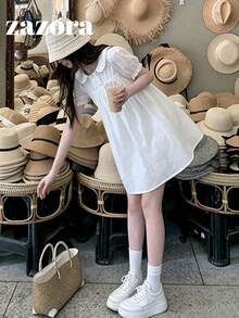 甜美彼得潘領鏤空刺繡內裡短袖女版襯衫 夏季服飾 白色 - 白色 - 查看 4