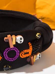 1件歐美時尚新款暗黑風萬聖節女款髮箍，刺繡英文字母裝飾，恐怖骷髏髮飾，適合女性在派對與活動佩戴，萬聖節配件 - FG1689黑色 - 查看 3