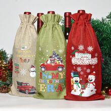 6pcs Christmas Wine Bottle Decoration Bags, Colorful Linen Christmas Pattern Printed Wine Bottle Drawstring Bags, Multiple Patterns And Colors Available - View 2