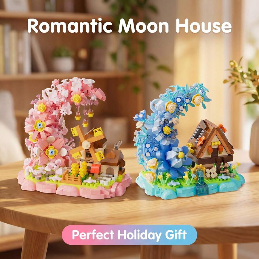 738pcs/783pcs Small Particle Romantic Moon Flower House Micro Building Blocks Assembly Toy, Windmill Cottage Ornament DIY Handmade Gift, Girly Desktop Decoration, Holiday Gift - Multicolor - View 1