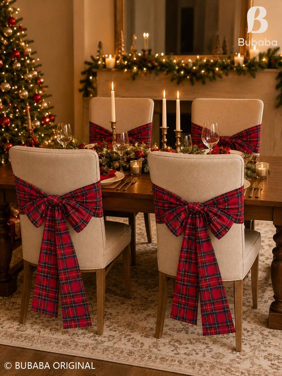 4PCS / 6PCS Christmas Tartan Plaid Chair Sash Bow, Red Check Holiday Chair Back Decoration, Reusable Fabric Ribbon For Dining Chairs, Christmas Wedding Party & Farmhouse Decor - Red - View 1