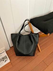Minimalist Elegant Woven Texture Tote Bag For Women 2026 Solid Color Luxury Niche High-End Versatile Shoulder Underarm Bag - Black - View 6