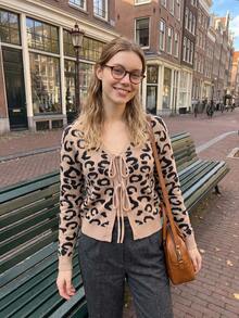 Women's Stylish Knit Leopard Print Cardigan, Long Sleeve V-Neck For Everyday Wear - Brown - View 2