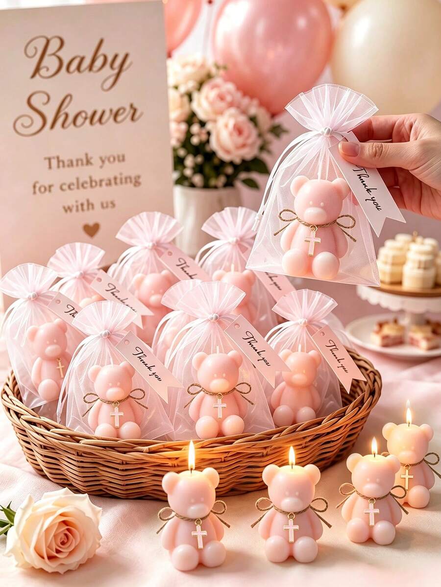 12/6/1 Set - Baptism Gift Set - Pink Teddy Bear Scented Candle Includes Pink Organza Bag And Pink Thank You Tag, DIY Fillable Gift Bag, Suitable For Baby Shower Gifts, Gender Reveal Party Supplies, Birthday, Baby Shower, Christian Baptism, Communion, Infant Baptism, Church Events, Religious Gifts, Girl/Boy Baptism, Guest Favors, Ideal Choice For Party Supplies And Decorations Favor Party - Multicolor - View 1