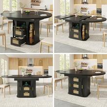 Extendable Dining Table With Storage, 118-158cm Table With Rattan Drawers, MDF Wood Look, Black / Natural Wood / Oak Look - Black + MDF - View 12