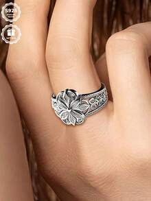 1pc S925 Sterling Silver Vintage Hollow Lotus Shaped Ring, Perfect For Daily Wear And Anniversary Gift, Comes With Gift Box - Silver - View 7
