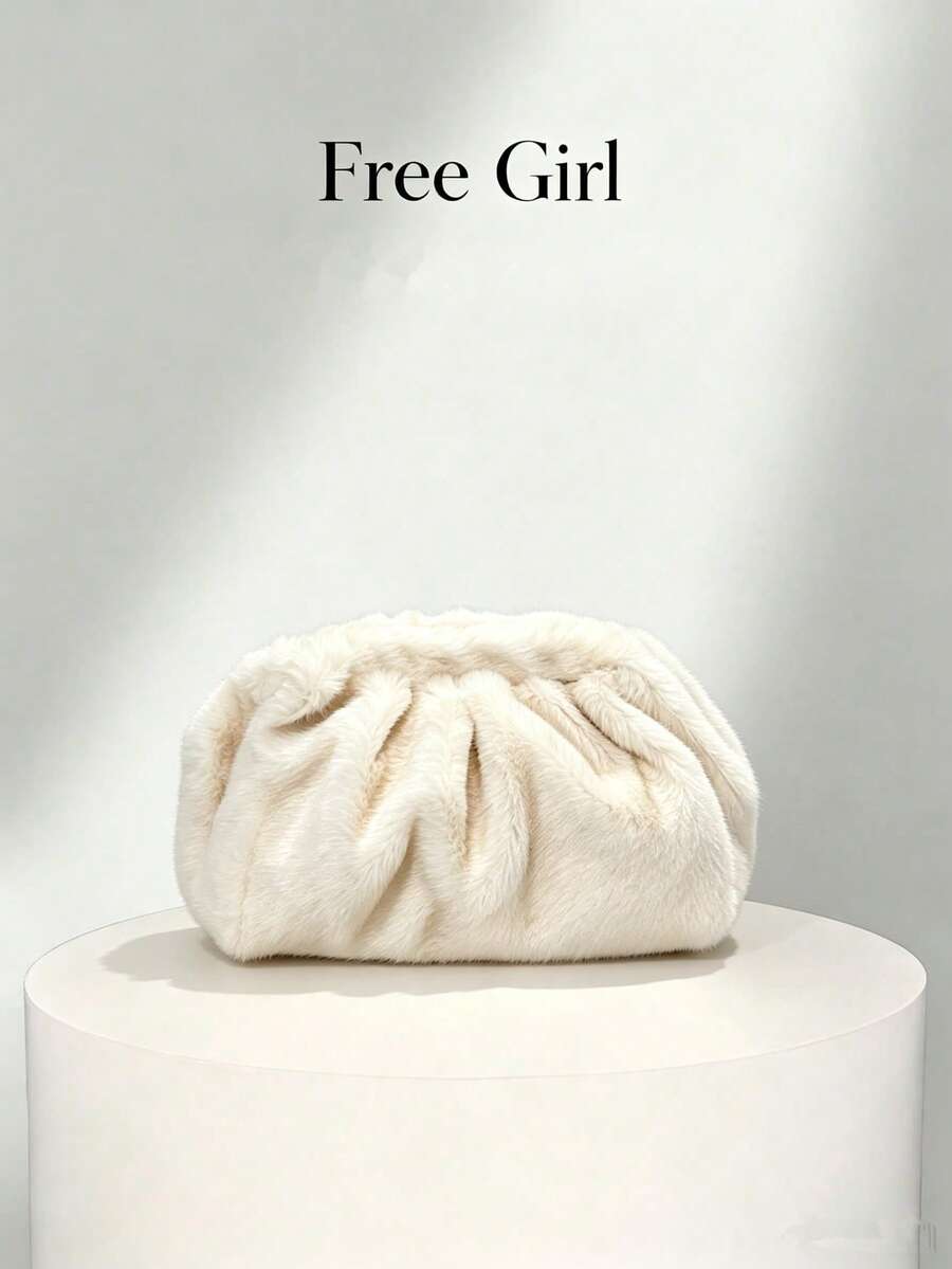 Soft Plush Cloud-Shaped Clasp Bag For Women, Autumn/Winter New Wrinkled Underarm Bag, Faux Rabbit Fur High-End Niche Crossbody Shoulder Bag, Versatile Small Bag - White - View 1