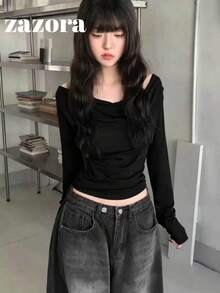 Korean Style Slimming Cold Shoulder Versatile Long Sleeve T-Shirt Top Autumn Clothing - Black - View 3
