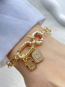 1PC Luxury Screw Buckle A-Z Initial Letter Bracelet,Double Colorful Climbing Chain,Double Buckle Letter Double Chain,For Celebrating Holiday Daily - Yellow Gold - View 18
