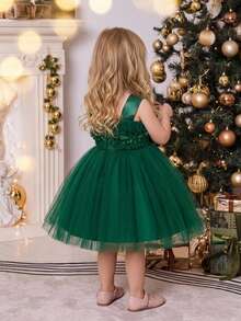 Baby Girls 3D Floral Mesh Cute Puffy Flower Girl Dress, Headband Not Included - Dark Green - View 1