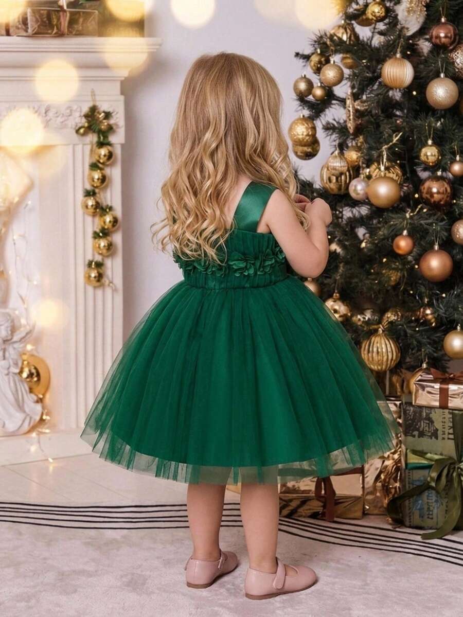 Baby Girls 3D Floral Mesh Cute Puffy Flower Girl Dress, Headband Not Included - Dark Green - View 1